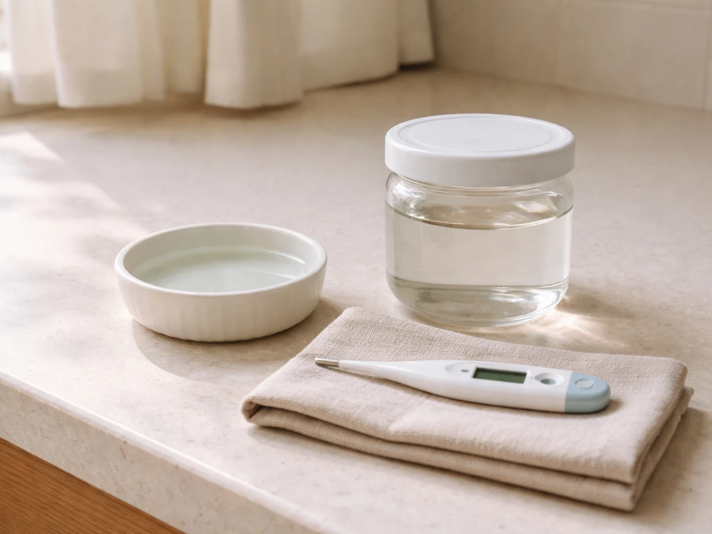 Materials for bird-safe at-home supportive care: warm water, thermometer, and a fresh water dish on a clean surface