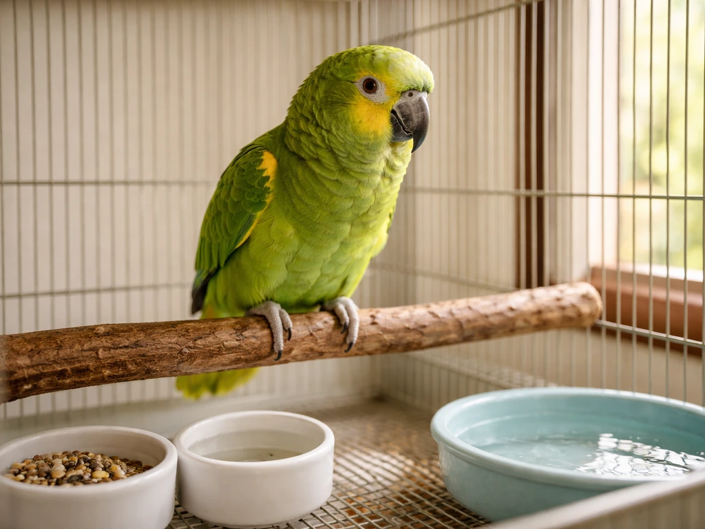 Colorful parrot calmly perched beside food, water, and a bird-safe bath inside a bright cage