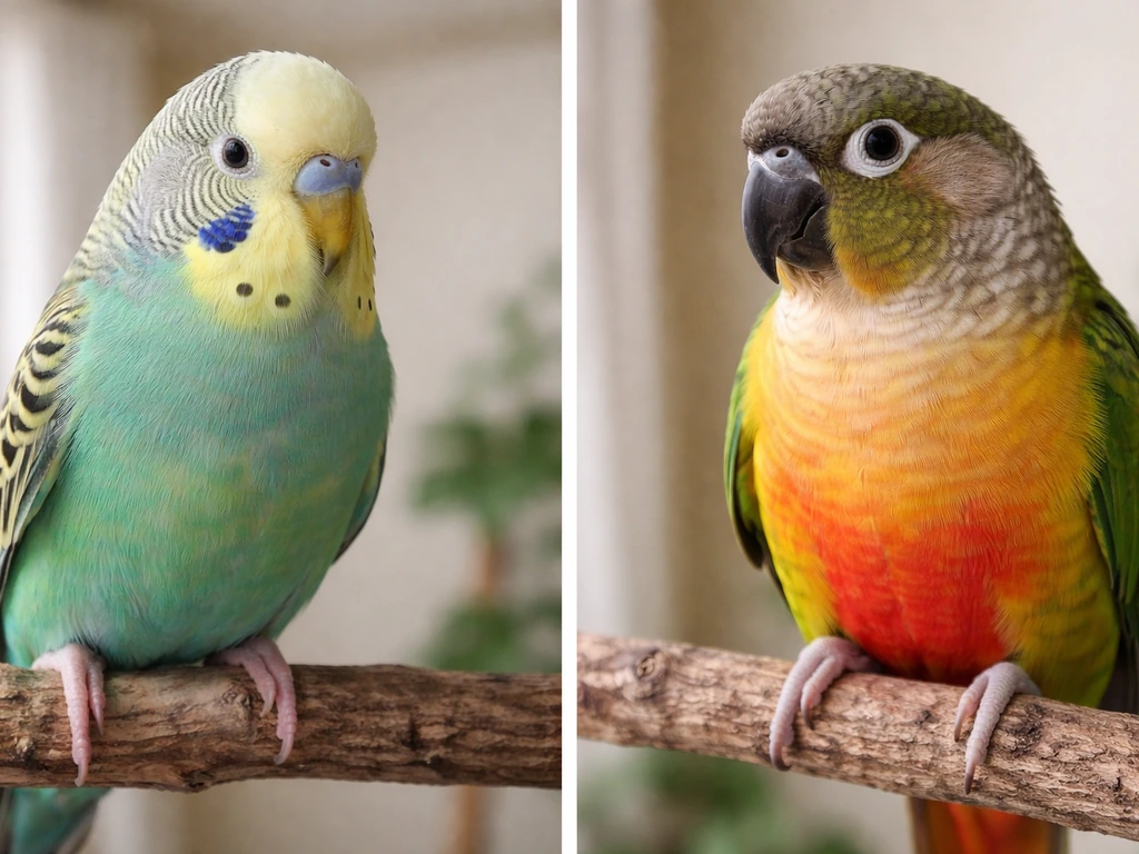 Close-up of two different parrot species side by side on natural perches, showing distinct colors and beaks.