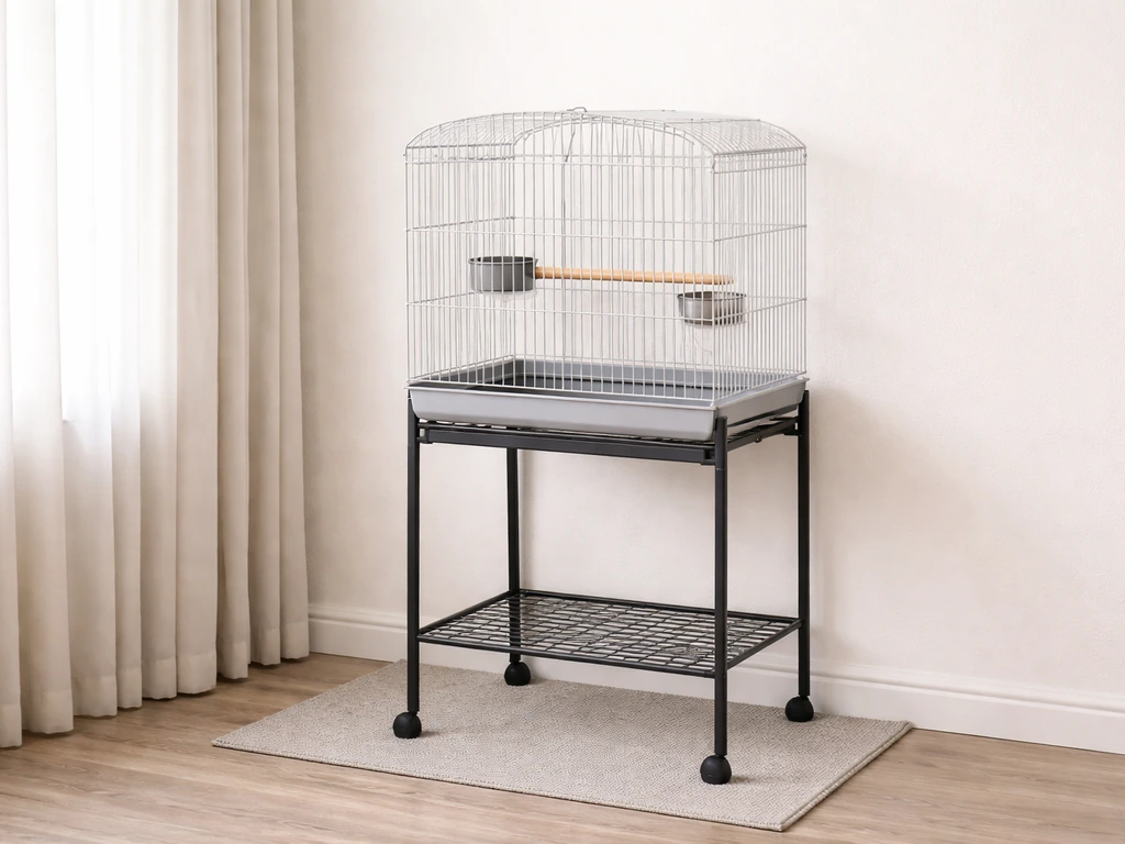 Bright living room corner with a properly placed parakeet cage, safe perches and bowls, away from drafts.