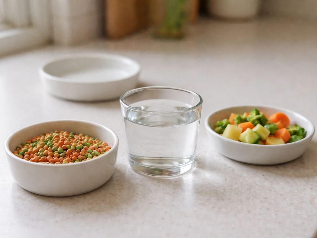 Minimal countertop parakeet feeding setup with pellet bowl, fresh water cup, produce dish, and changing water dish.