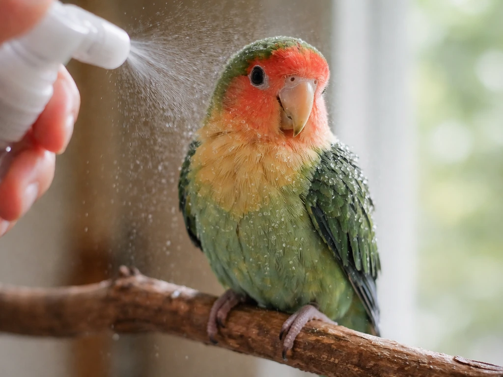 Small parrot perched on a branch with fine mist droplets on well-groomed feathers.