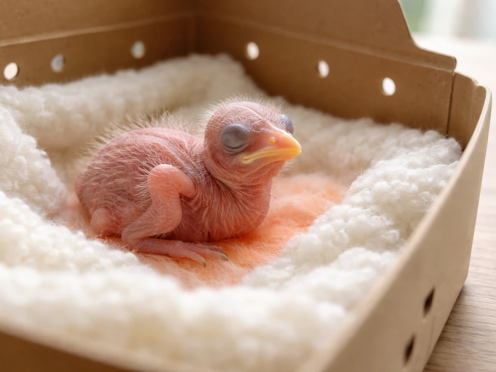 Featherless hatchling bird resting in a small ventilated box with warm heating pad beneath