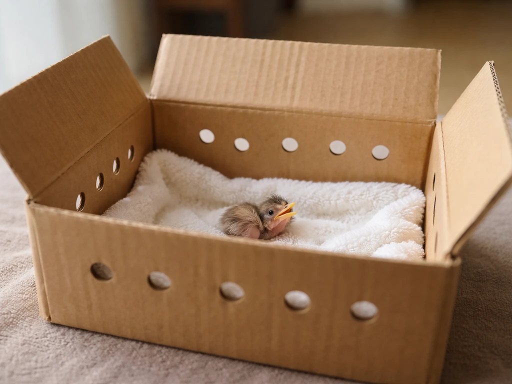 Small ventilated cardboard box lined with soft fabric holding a tiny hatchling safely indoors.