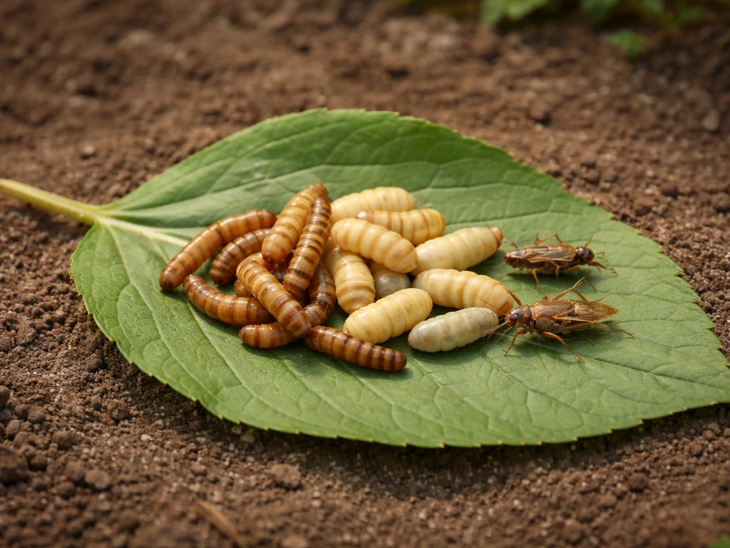 Small pile of soft-bodied insects—mealworms and waxworms—on a clean leaf with a few tiny crickets