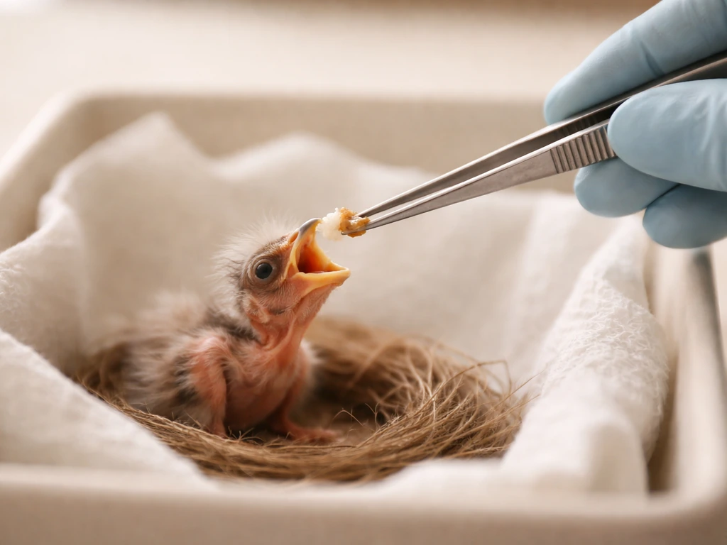 Blunt-tipped tweezers feeding a small bird hatchling from a simple, clean nest setup.
