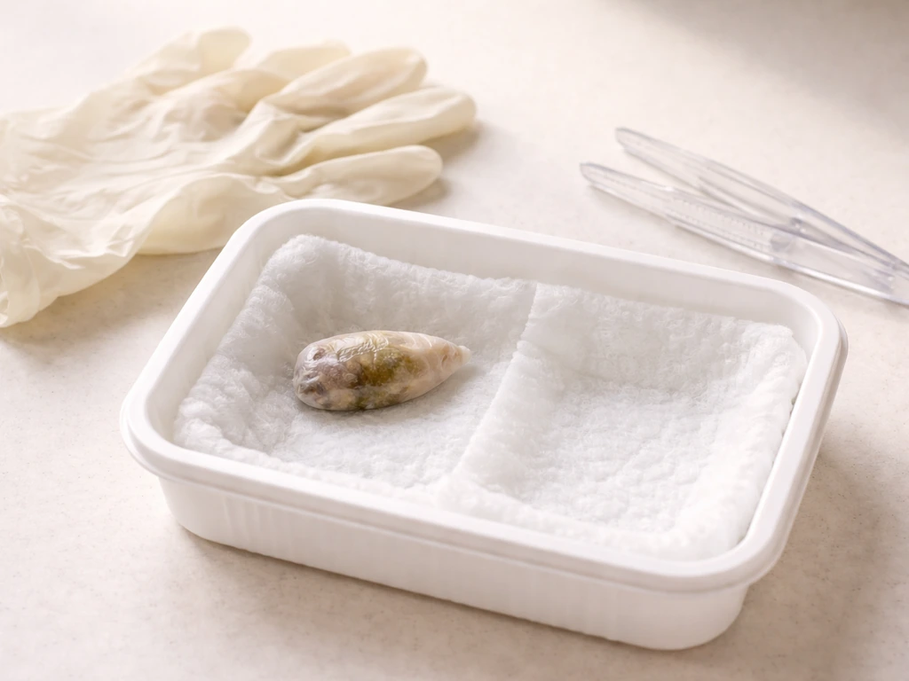 Close-up of a clean lined container and a small membrane-wrapped hatchling fecal sac removed safely