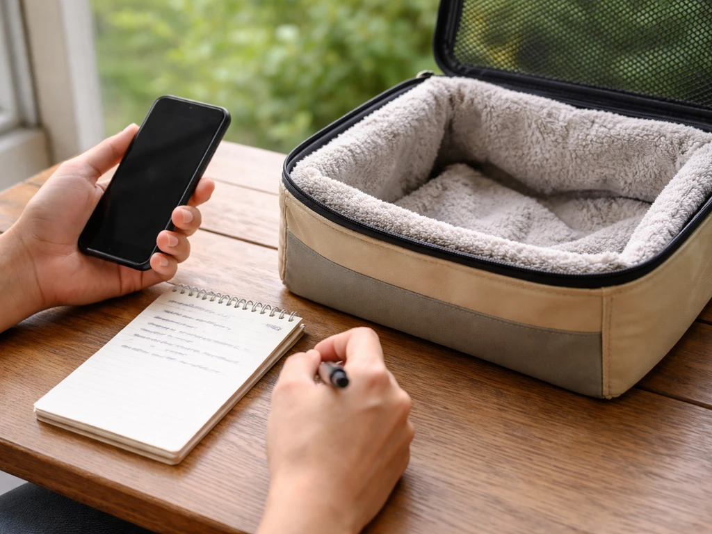 A hand holding a phone beside wildlife notes, with a warm pet transport box nearby for safe bird handoff