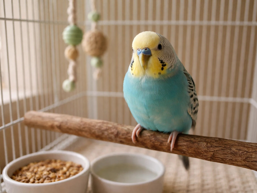 Close-up of a calm budgie perched inside a clean, well-set cage with food and water nearby.