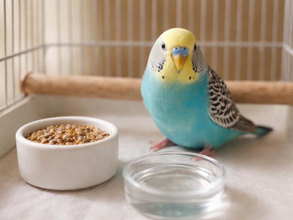 Small budgie perched near fresh food cup and water dish in a simple cage setup