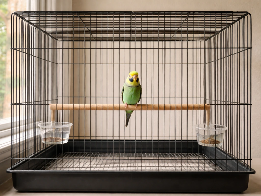 Budgie perched in a clean cage with clearly even bar spacing and a spacious interior.