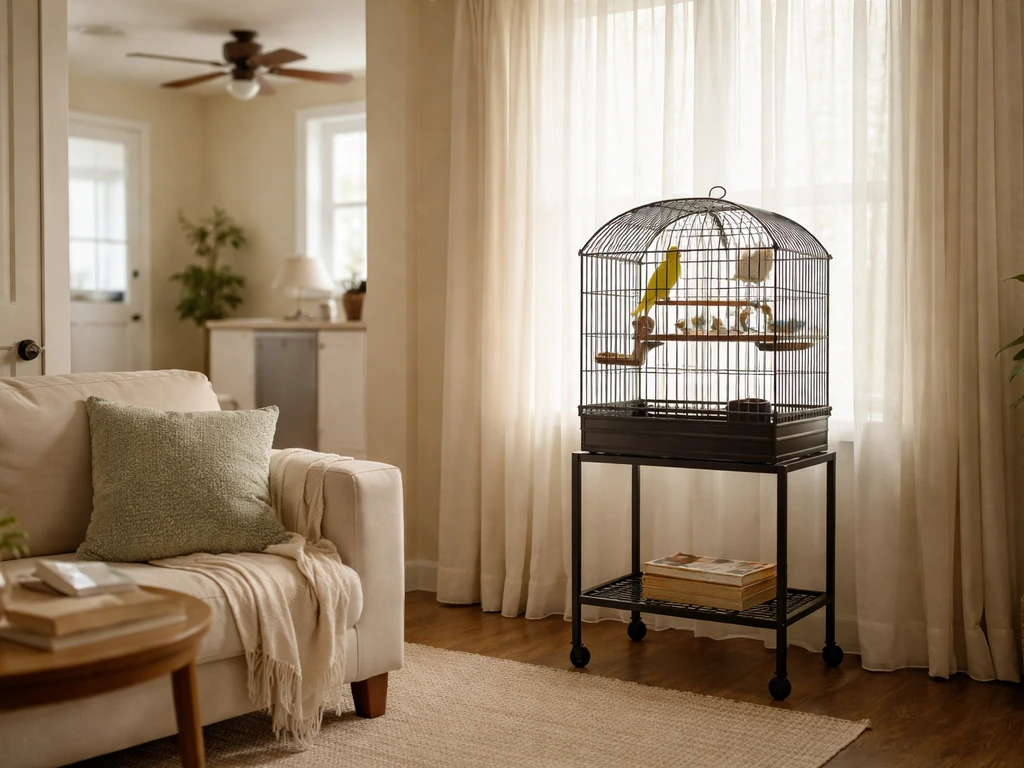 Small bird cage in a shaded living room corner, away from window glare and an out-of-focus kitchen.