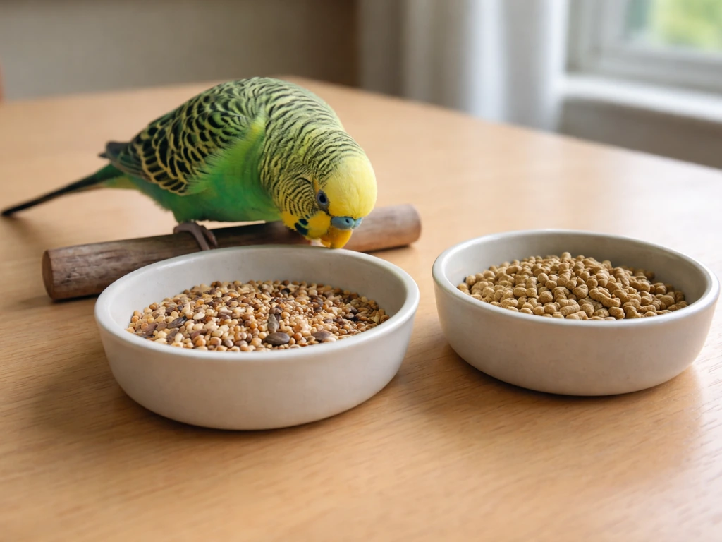 Small budgie eating from a seed cup beside a pellet bowl on a simple kitchen table