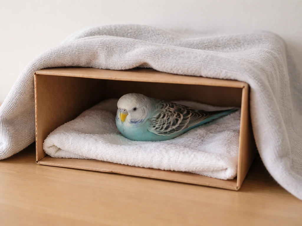 A small lined cardboard transport box ready for a budgie, with a soft towel inside