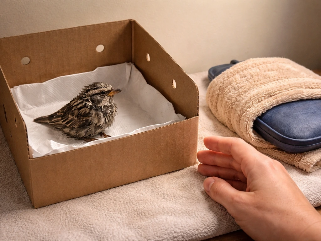 Warm emergency box setup with a wet wild bird, lined and near safe indirect heat.