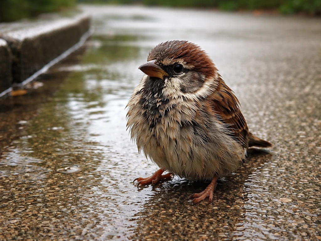 Wet small wild bird perched on rain-damp concrete, alert posture with bright eyes.