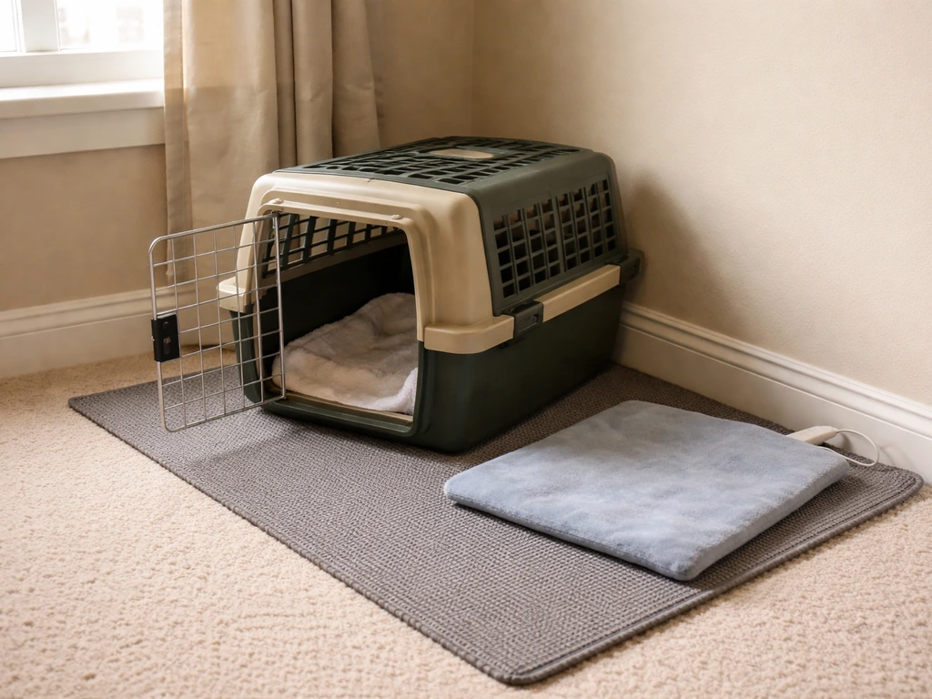 Warm quiet room with a ventilated animal carrier on a non-slip mat near a low heating pad.