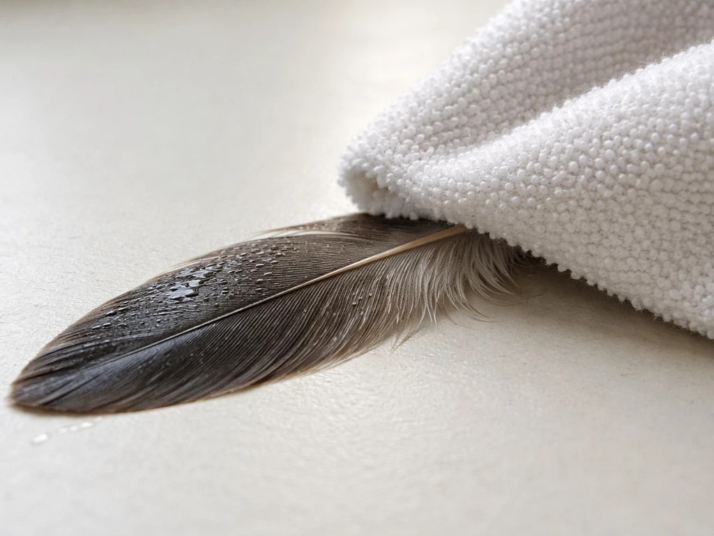 Close-up of a wet feather being gently blotted dry with a towel, no rubbing.