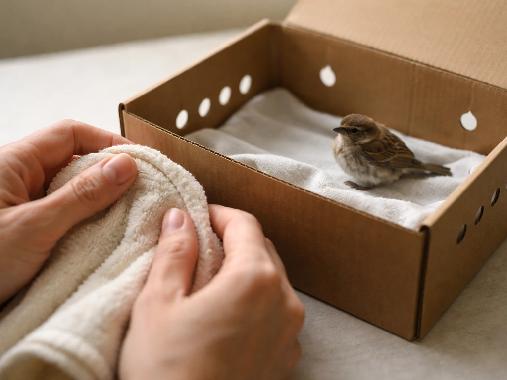 Rescuer preparing a lined ventilated box with a towel while a small wild bird rests nearby.