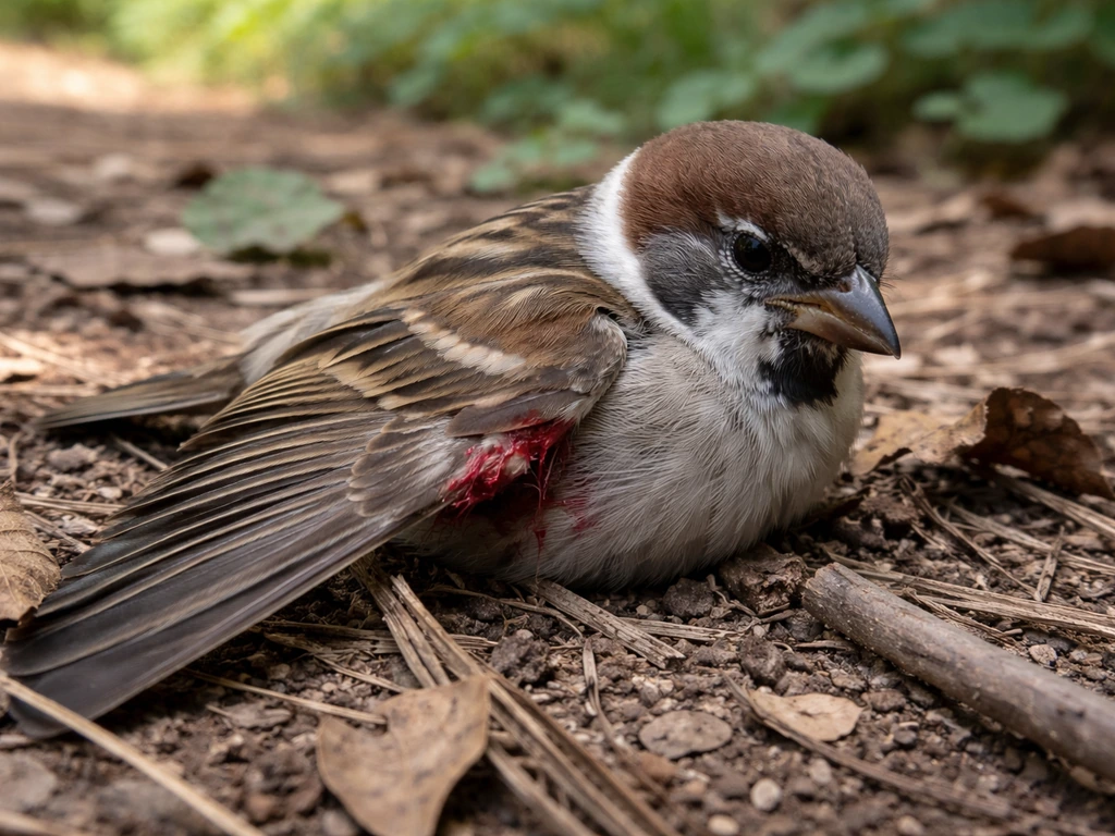 Injured bird lying on the ground with a drooping wing and slight bleeding, unable to stand.