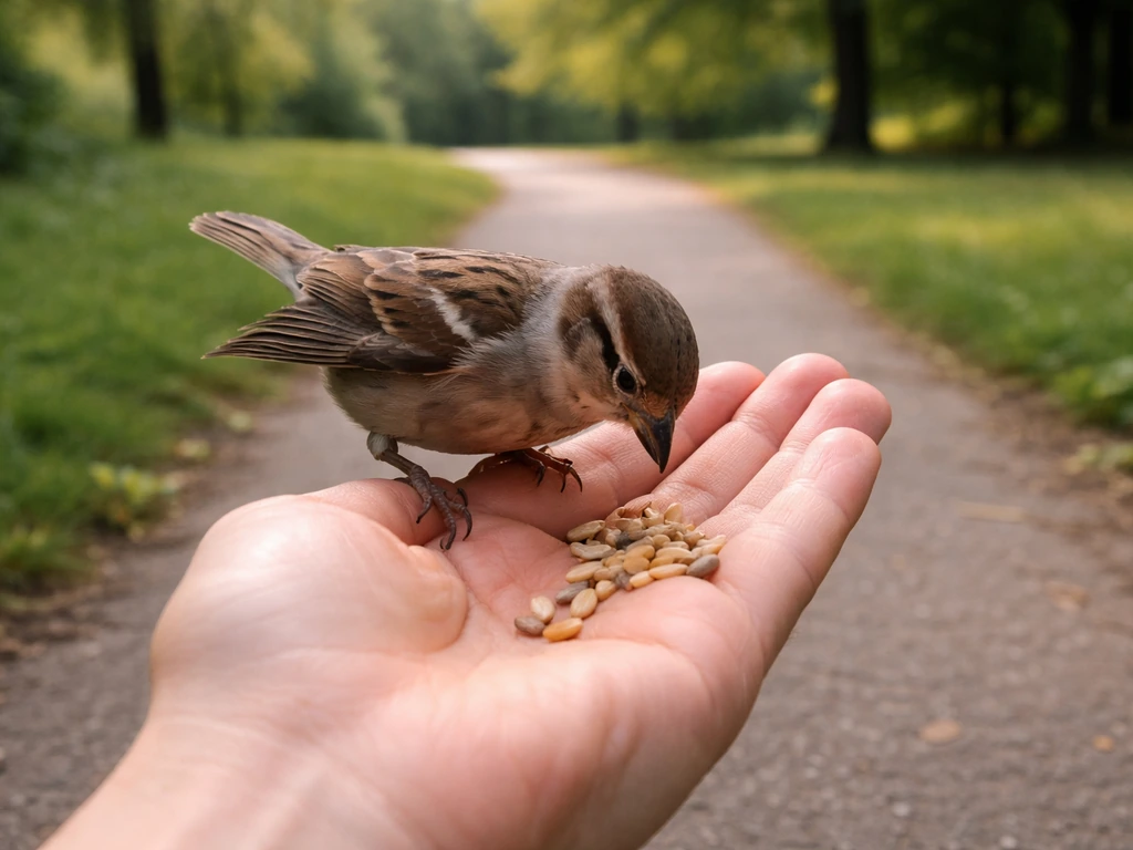 A small wild bird perched on an open hand, pecking seeds during routine hand-feeding in a park.