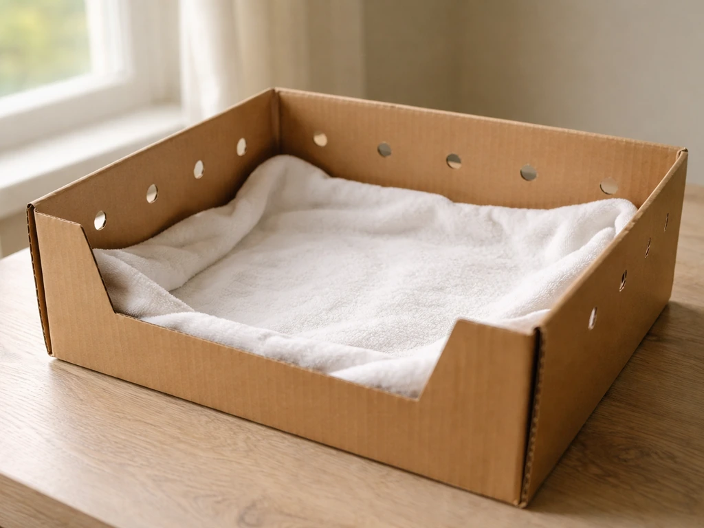 Small cardboard ventilation box lined with soft bedding in a quiet warm room