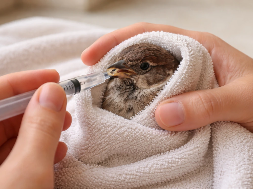 Hands gently towel-restraint a small bird while a syringe delivers liquid medicine near its beak.