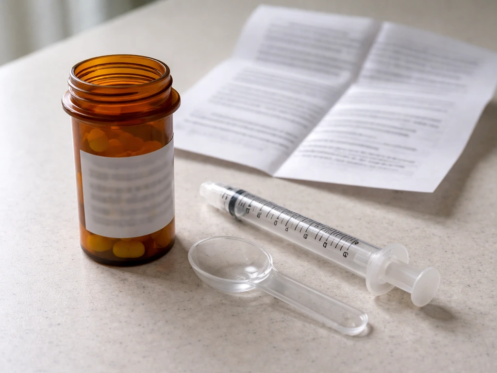 Open medicine bottle and prescription label beside an oral syringe and measuring spoon on a clean counter.