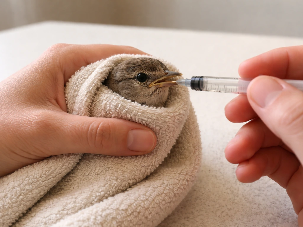 Caregiver’s hands towel-wrap a small bird while guiding a syringe tip near the side of its beak to deliver medicine.