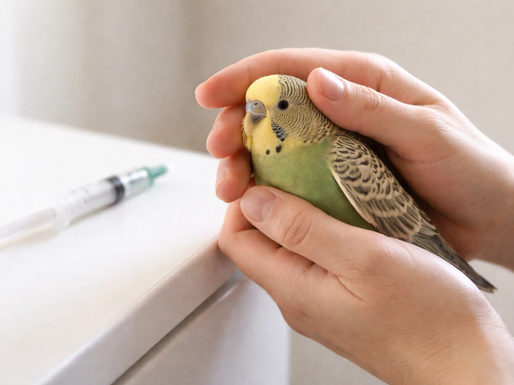 Caregiver pausing while holding a small bird during a failed dosing attempt, tool set aside.