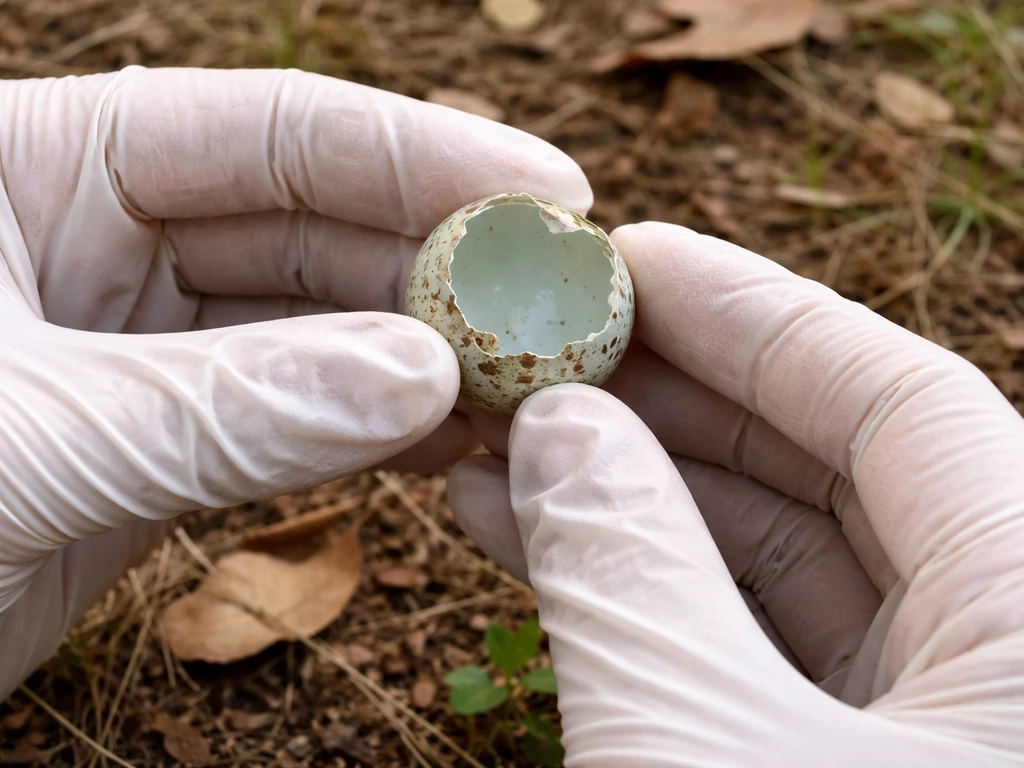 Gloved hands holding a found bird eggshell, inspecting it for cracks and emptiness in a natural outdoor setting.