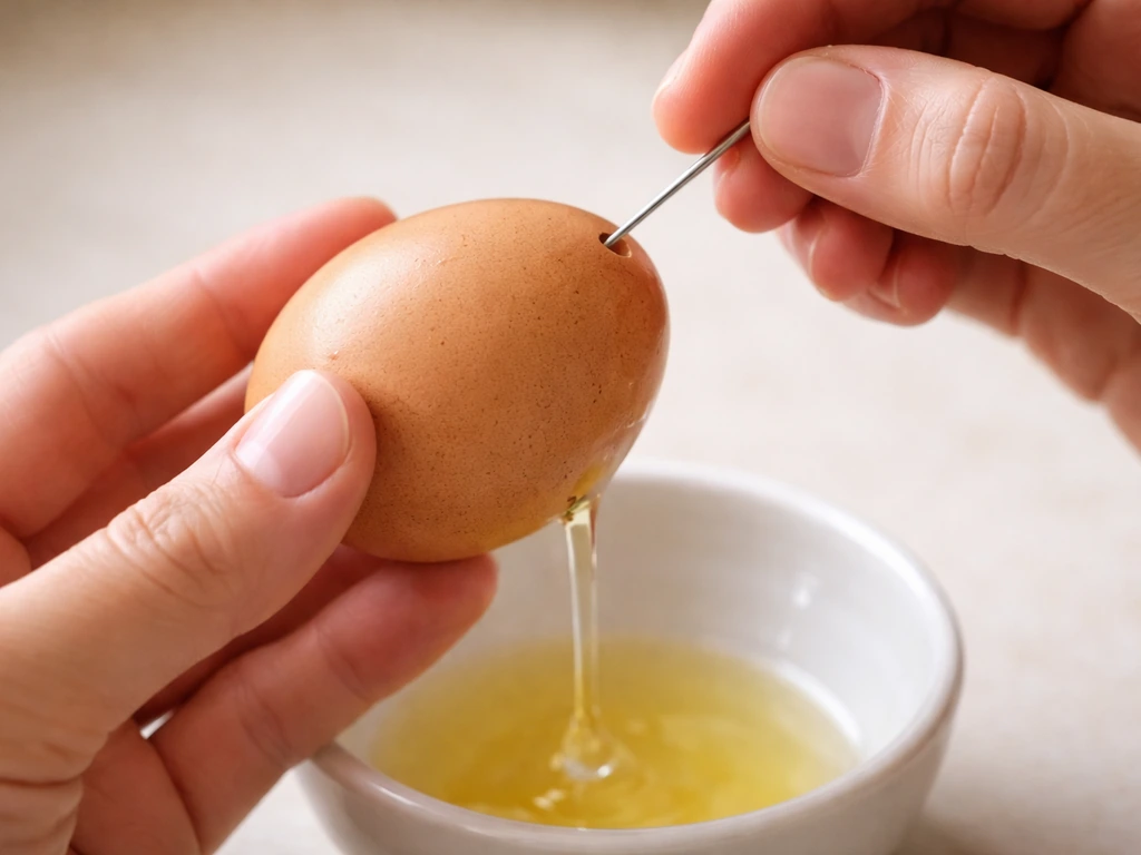 Close-up of a cracked eggshell being carefully pierced at both ends to drain the contents.