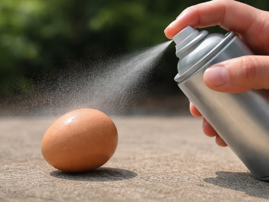 Hand spraying a clear acrylic mist onto a single eggshell outdoors, thin even coverage visible in the air.