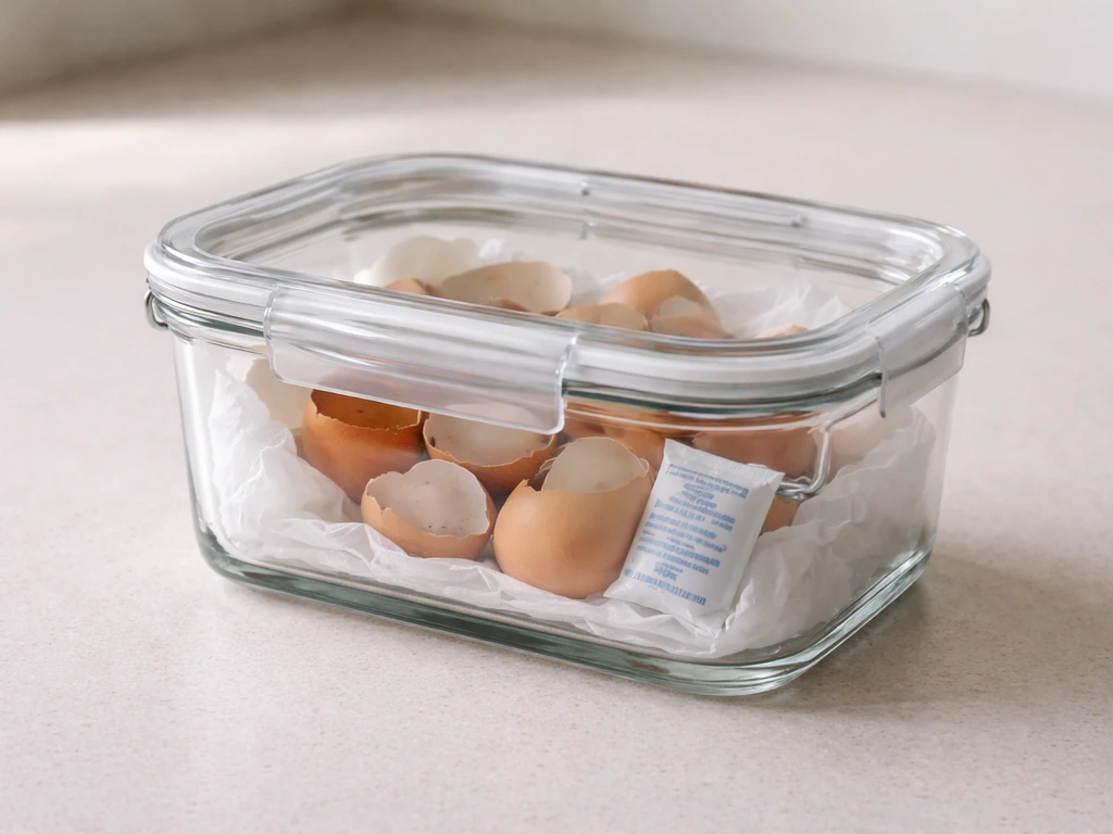 Eggshells stored in a rigid sealable glass box lined with acid-free tissue, with a silica gel packet
