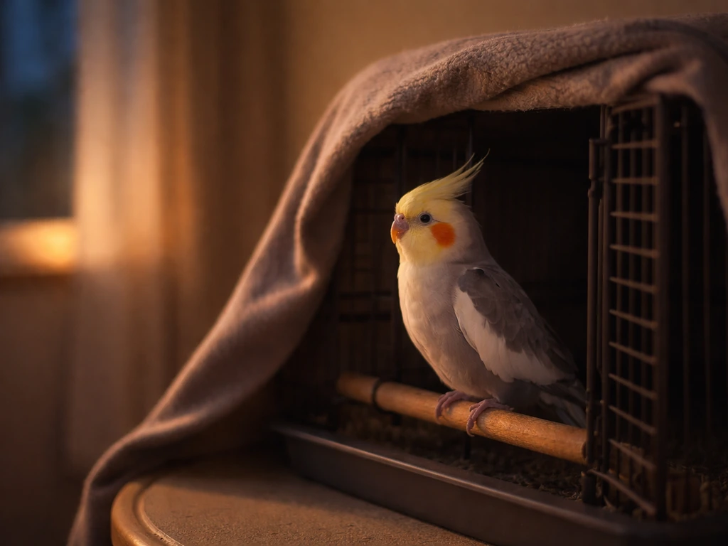 A companion bird perched near a dimly lit cage during evening bedtime routine at home.