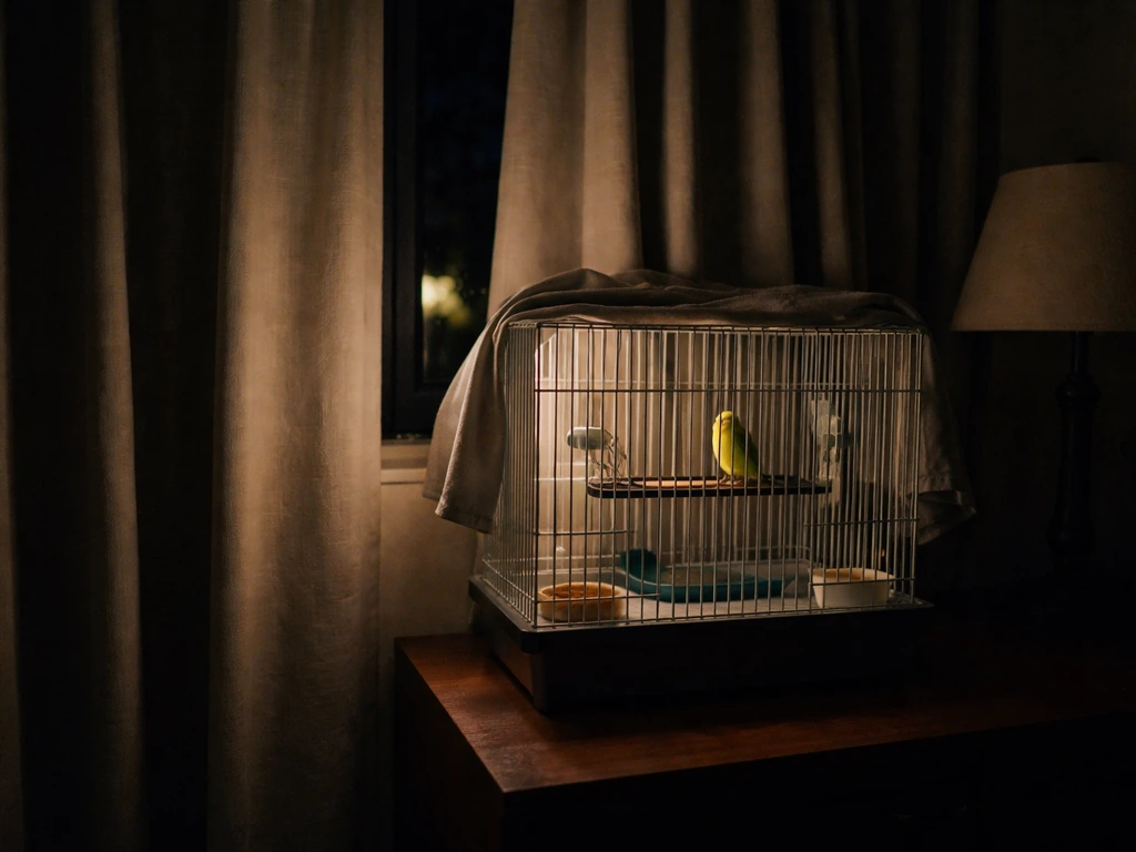 Quiet small bird perched in a cage next to curtains, lamp off to suggest a light/dark sleep cycle.