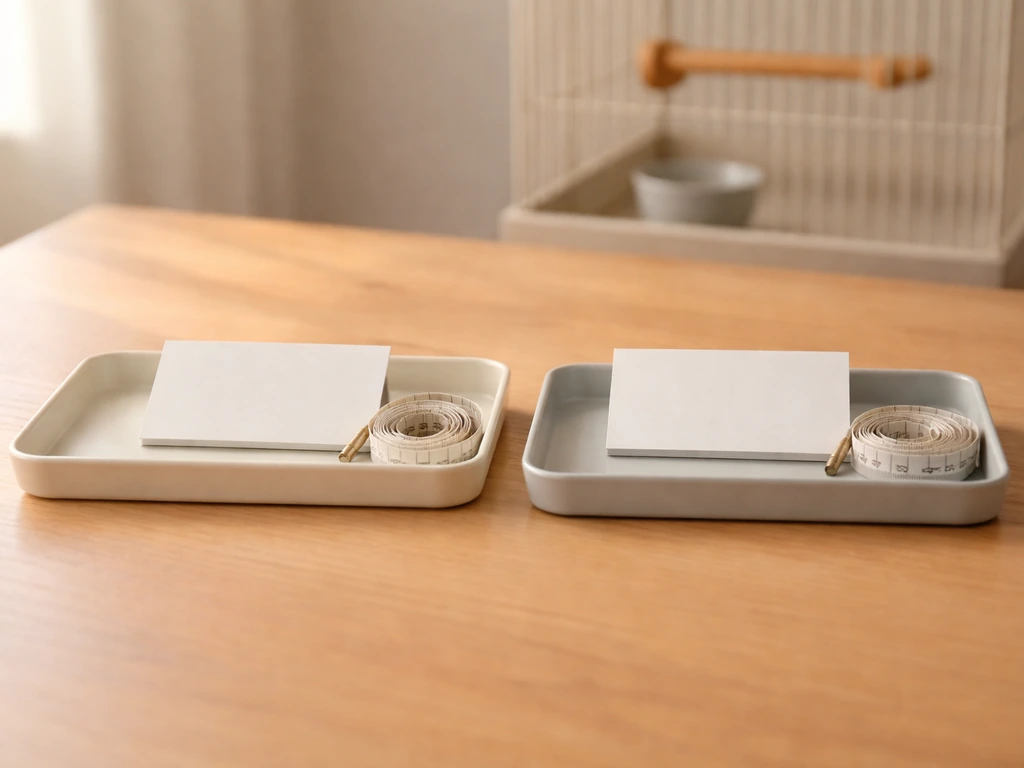 Minimal photo of a calm bird sleep research scene with an open notebook and small birdcage setup