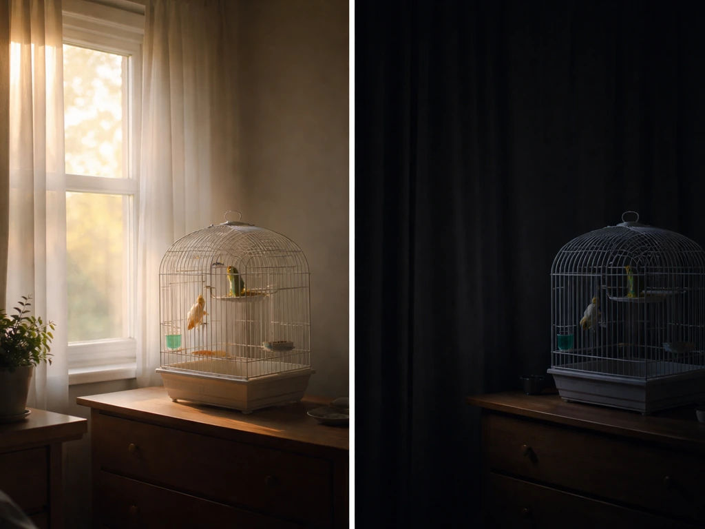 Birdcage by a sunrise window, with curtains drawn to block early dawn light.