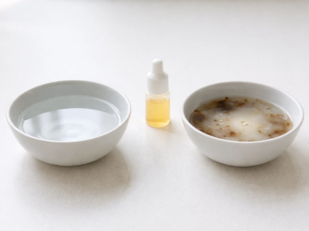 Side-by-side bowls: plain shallow water vs milk/sugar-water and unlabeled liquid to avoid.