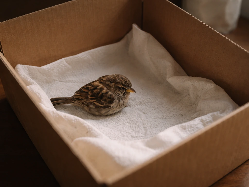 Injured small bird resting in a cardboard box lined with paper towels in a quiet, dim room.