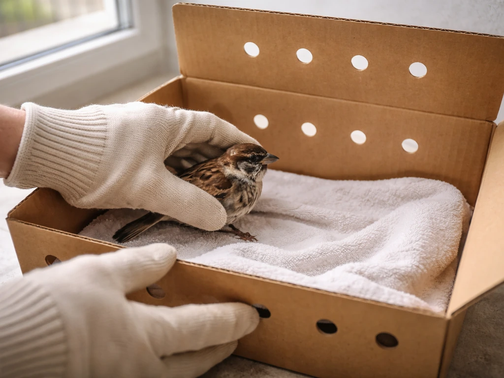 Gloved hands gently placing an injured wild bird into a ventilated cardboard carrier with soft padding.