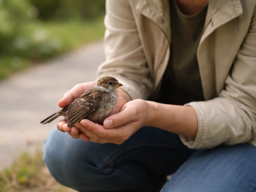 Anonymous rescuer kneels outdoors holding an injured bird with a drooping wing while assessing it calmly.