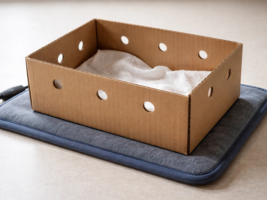 Cardboard bird box with cloth-lined bottom resting on a heating pad, ventilation holes visible