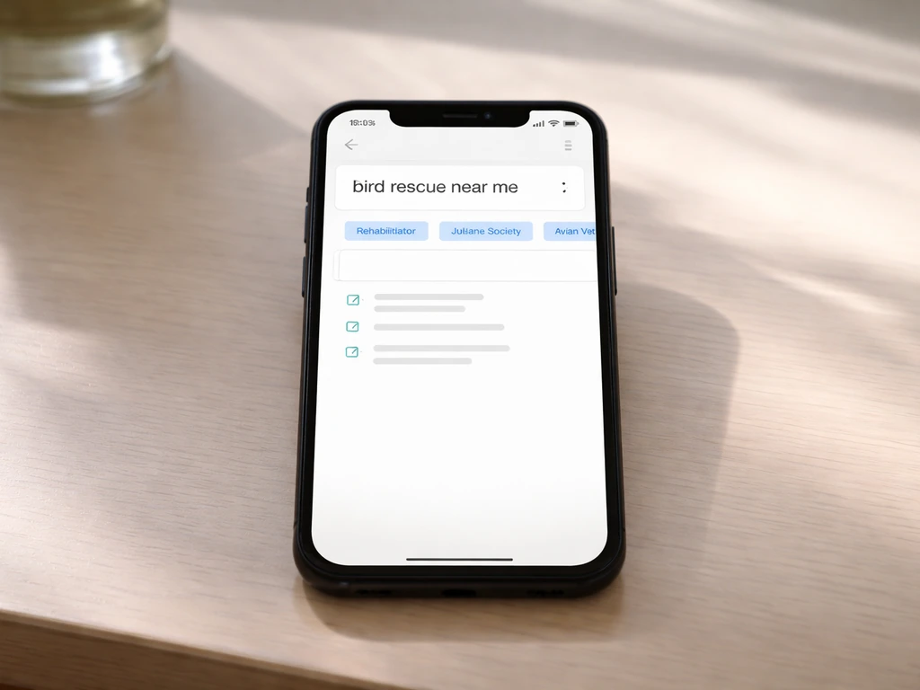 Smartphone on a desk with a search workflow for bird rescue and filters plus a call checklist.