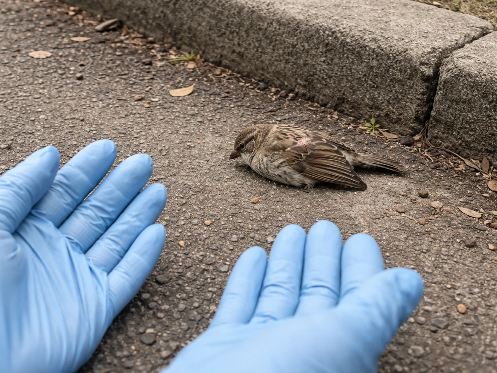 Gloved hands held back as an injured wild bird is assessed from a safe distance on the ground.
