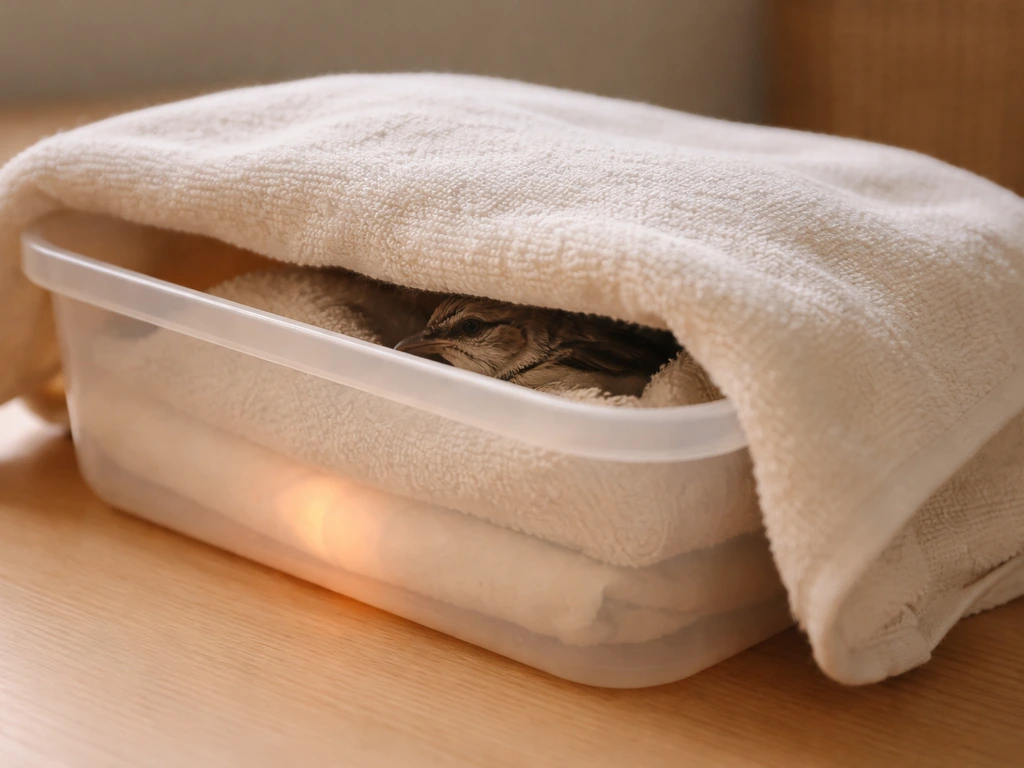 Small wild bird resting in a towel-lined covered box with a warm water bottle beneath the towel