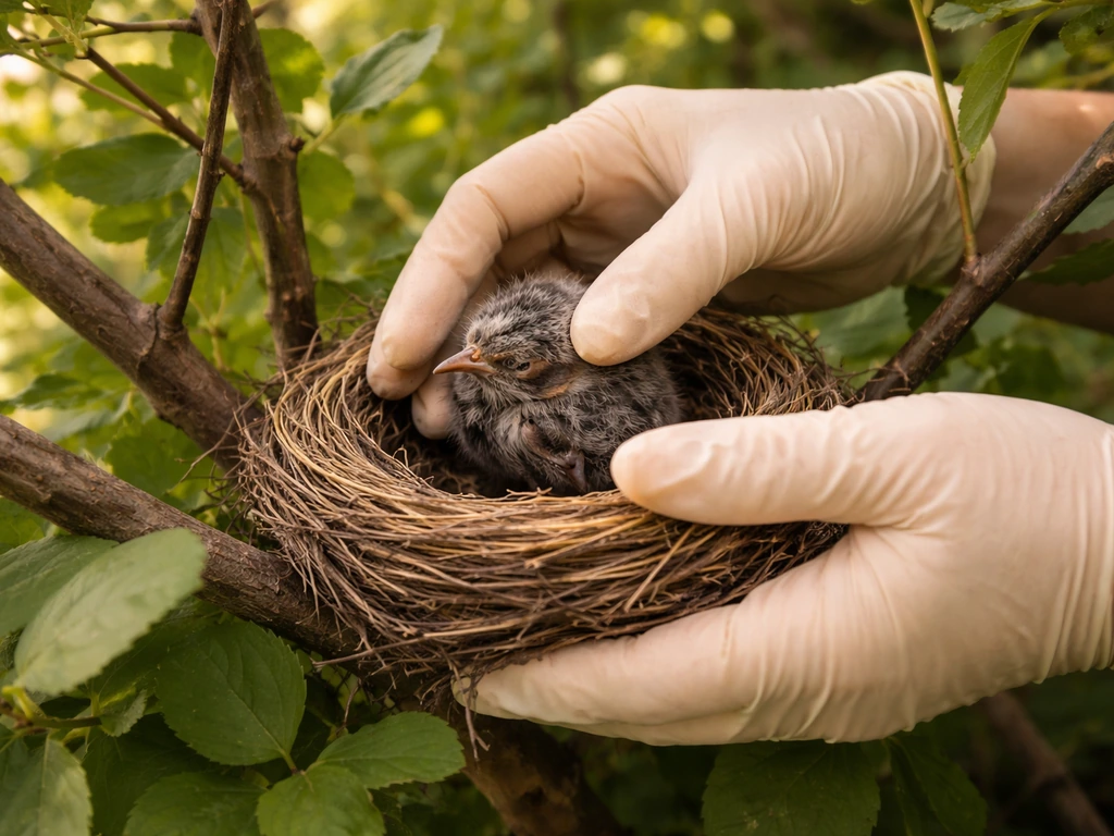 Gloved hands carefully lowering a tiny nestling into an intact nest in a low tree.