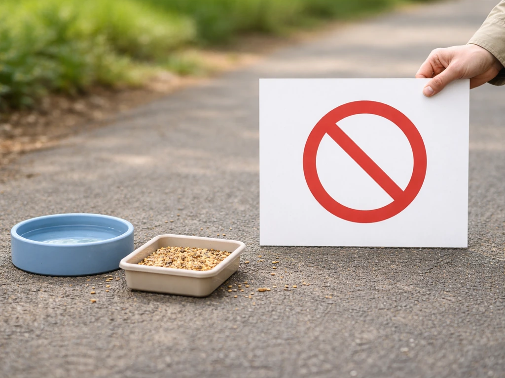 Close-up of empty bird-feeding tools beside a small water bowl with a clear do-not-feed message