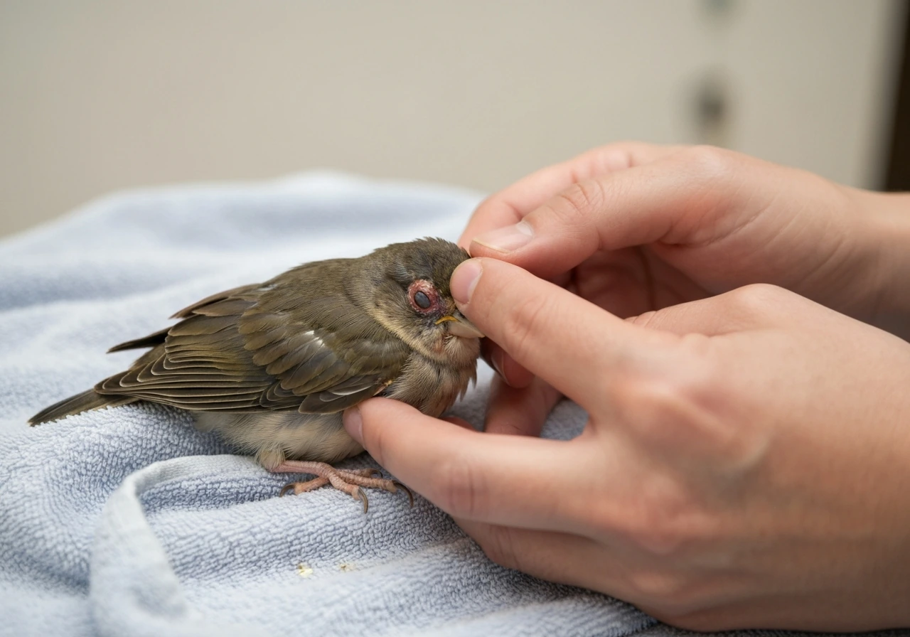 Rescuer gently holds a small injured bird and carefully checks its eye with a soft cloth.