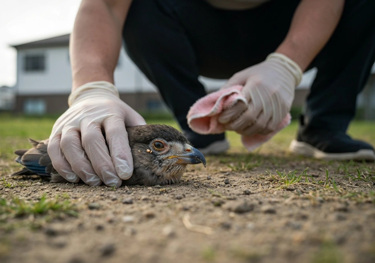 Rescuer’s gloved hands observing an injured bird’s eye from a safe distance outdoors